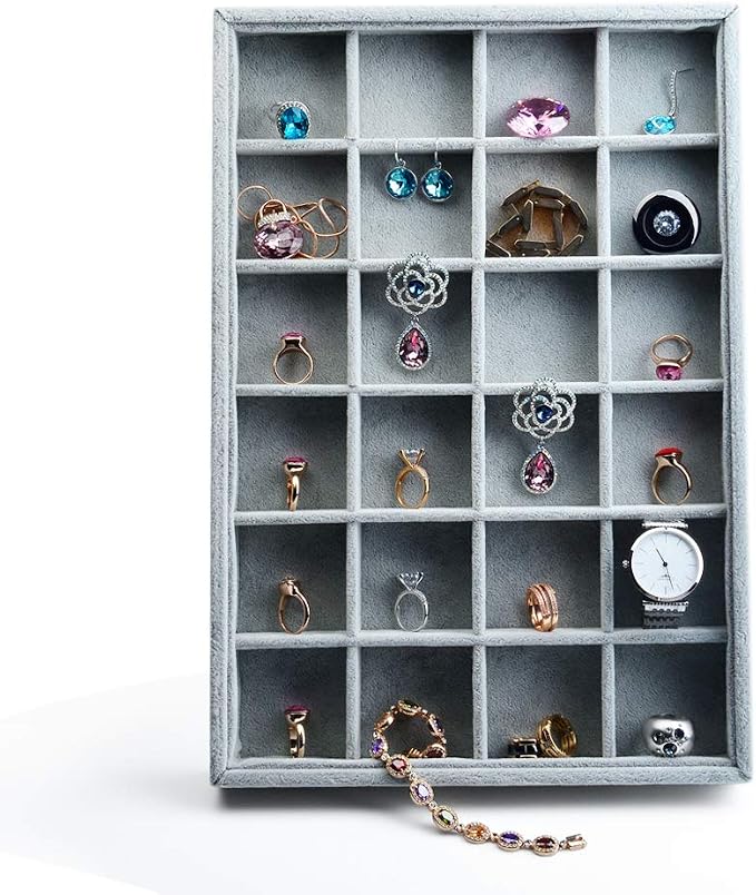 Oirlv 24 Grid Ice Velvet Jewelry Drawer Organizer Tray Stackable Jewelry Trays Removable Dividers for Rings Earring Storage Display - Image 2