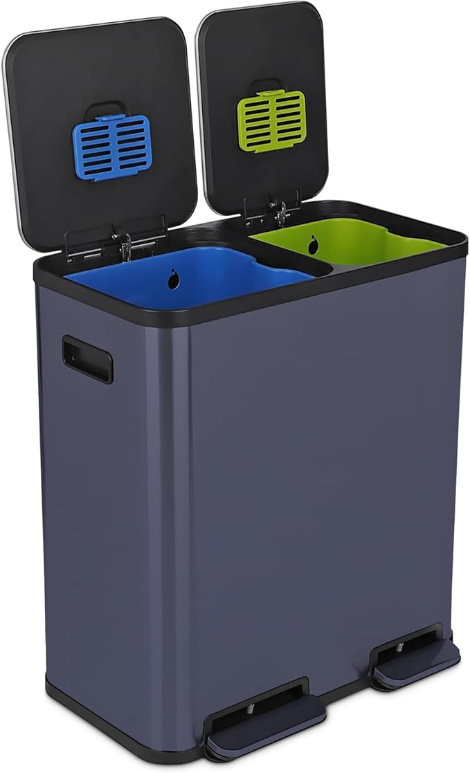 Simpli-Magic 70 Liter / 18.5 Gallon Rectangular Hands-Free Dual Compartment Recycling Kitchen Step Trash Can with Soft-Close Single Lid, Stainless Steel (40L x 30L Capacity), Blue by Simpli-Magic