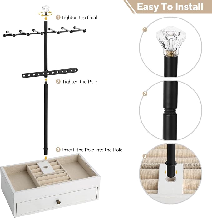 Meangood Jewelry Organizer Stand, 3-Tier Necklace Holder Jewelry Tree with Wooden Storage Drawer Box for Necklace Bracelet Earring Ring,White - Image 8
