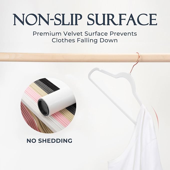 HOUSE DAY White Velvet Hangers 60 Pack, Premium Non-Slip Felt Clothes, Sturdy Heavy Duty Coat, Durable Hangers for Suits, Space Saving with No Hanger Mark, 360° Swivel Rotating Rose Gold Hook - Image 2