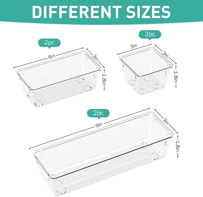 WOWBOX 6 Pack Clear Drawer Organizer Set, Acrylic Drawer Storage Trays, Storage Bins for Makeup, Cosmetics, Jewelries, Utensils, Gadgets, Office - Image 2