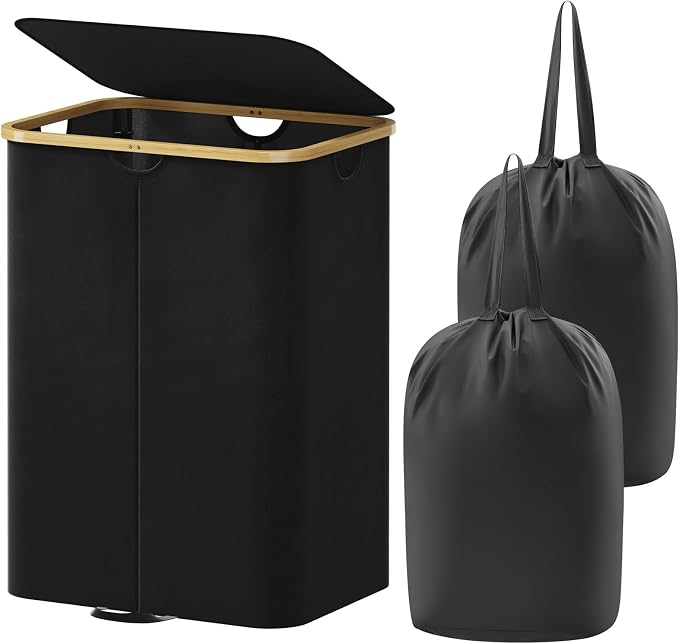 Lifewit 150L Double Laundry Hamper with Lid, Large Laundry Basket with Removable Bag & Bamboo Handles, Fodable Tall Dirty Clothes Hamper for Laundry Collapsible Bin for Bathroom Bedroom Dorm, Black by Lifewit
