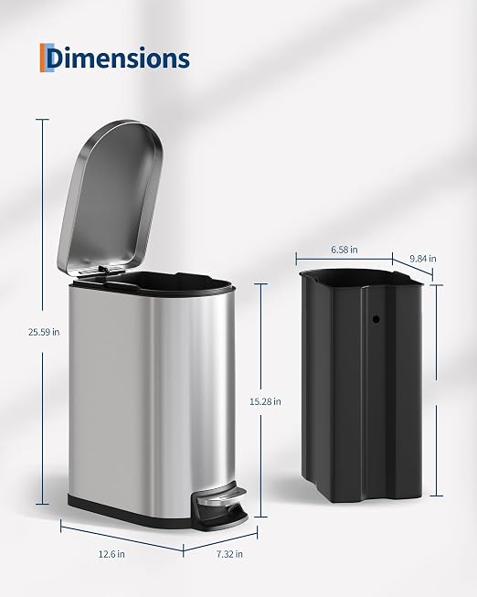 Garvee 13 gal (50 L) and 2.6 gal (10 L) Stainless Steel Trash Can Combo Set, Rustproof Garbage Can with Lid for Kitchen and Bathroom, Step-on Trash Bin with Inner Bucket, Rear Handle, Silver - Image 8