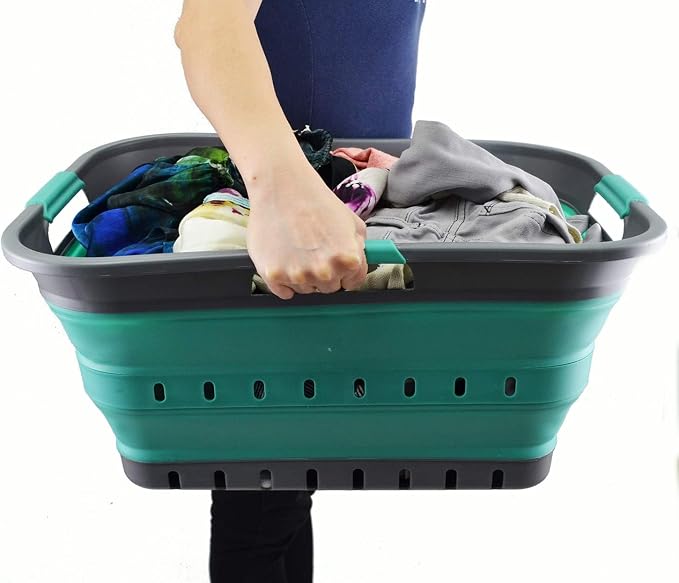 SAMMART 42L (11 gallon) Collapsible Plastic Laundry Basket - Foldable Pop Up Storage Container/Organizer - Space Saving Hamper/Basket (1, Grey/Turquoise Blue) - Image 7