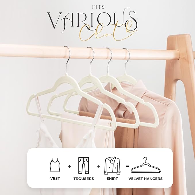 HOUSE DAY Premium Velvet Clothes Hangers Non-Slip Flocked Felt Hangers Heavy Duty Durable Coat and Suit Hanger, Vibrant Color Slim Lightweight Space Saving Hanger (20 Pack, Ivory) - Image 2