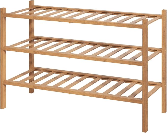 Kitsure Bamboo Wooden Shoe Rack for Closet - Stackable Shoe Organizer with Modular Structure, Space-Saving Shoe Shelf for Entryway, Living Room, Bedroom, 26.8" Wide - 3 Tiers, Brown by Kitsure