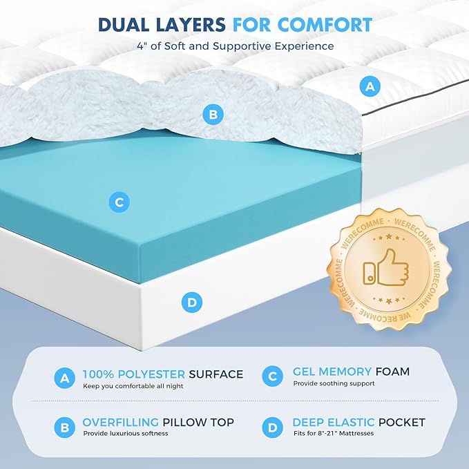 Dual Layer 4 Inch Memory Foam Mattress Topper California King, 2 Inch Cooling Gel Memory Foam and 2 Inch Pillow Top Mattress Pad Cover for Back Pain, Deep Elastic Pocket, Medium Support, White