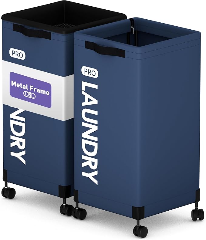 Caroeas Next-Gen 105L Matel Frame Laundry Basket with wheels, Heavy Duty Tall Rolling Laundry Hamper with Removable Wash Bag, Collapsible Freestanding Clothes Hamper (105L,Navy Blue,2Pack) by Caroeas