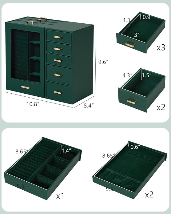 Homde Large Jewelry Box/Organizer/Case with Glass Window, Drawers for Necklaces Earrings Rings Bracelets Watches Gift for Women Girls - Image 6