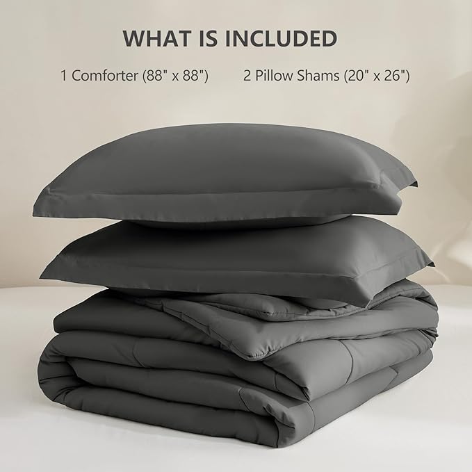 CozyLux Queen Comforter Set - Dark Grey Comforter Queen Size, 3 Pieces Box Stitched Bed Set for All Seasons, Soft Lightweight Bedding Sets with 1 Down Alternative Comforter and 2 Pillow Shams