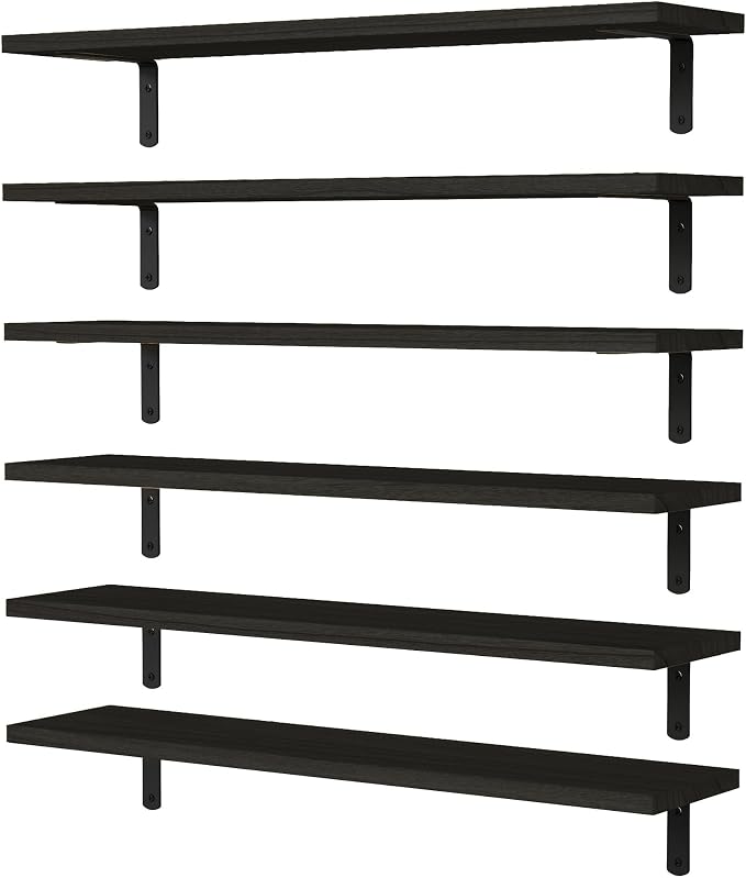 WOPITUES Wood Floating Shelves Set of 6, 24 inch Long Floating Shelves for Wall Decor, Farmhouse Shelf for Bedroom, Bathroom Storage Shelves, Book Shelves for Living Room - Black by WOPITUESOfficial