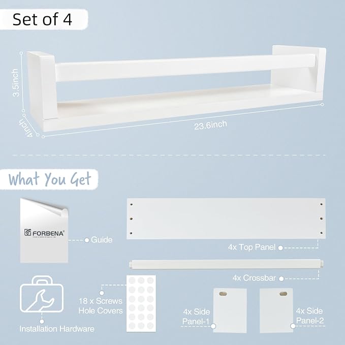 Forbena 24 Inch Wall Bookshelf for Kids Bedroom Set of 4, White Floating Nursery Book Shelves for Baby Toddler Children Girls Boys Room Decor, Large Wood Wall Mount Bookshelves and Toy Storage - Image 3