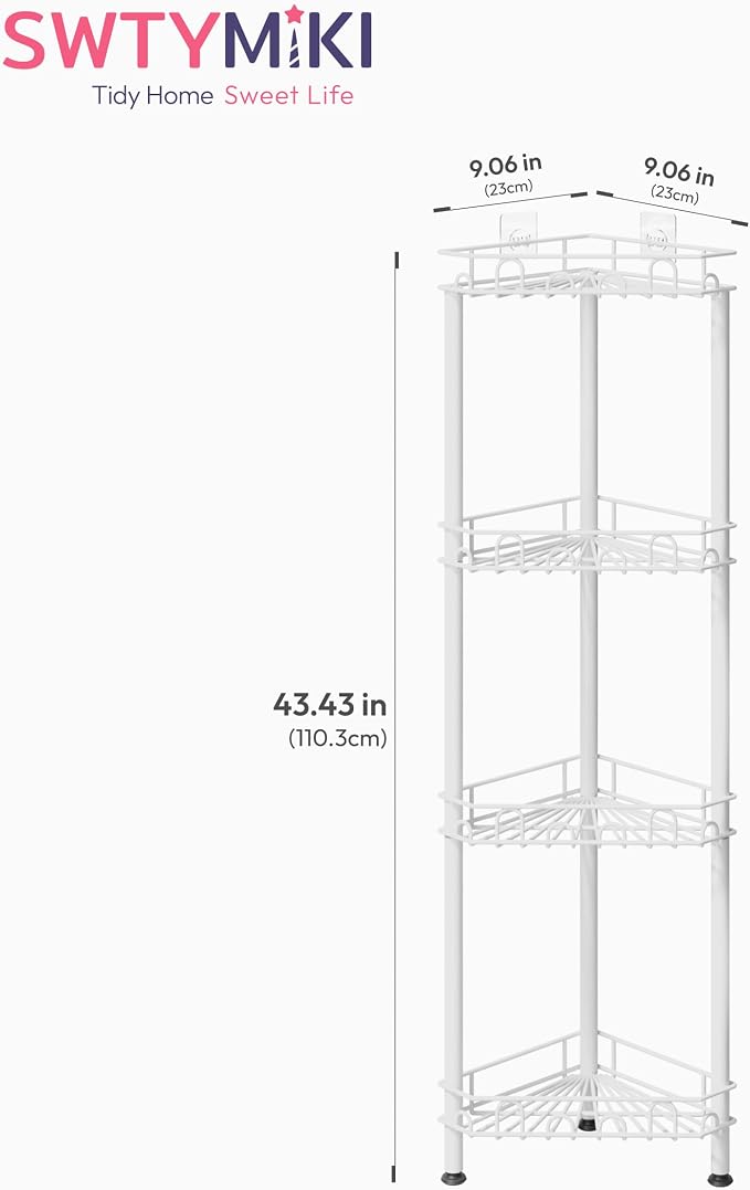 SWTYMIKI Standing Shower Caddy Corner - 4‑Tier Stainless Steel Shower Organizer Shelf with 16 Hooks and Adhesive Pads, Rustproof Corner Shelves Stand Rack for Bathroom Shower Room, white - Image 7