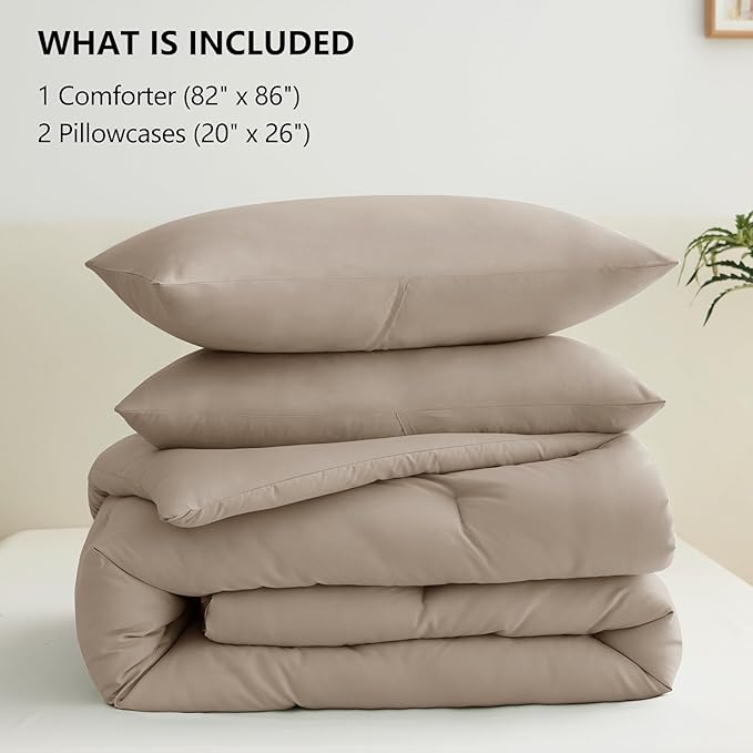 CozyLux Full Size Comforter Set Khaki, 3 Pieces Solid Breathable Quilted Bedding Sets, Luxury Lightweight Soft Bed Set with Down Alternative Comforter and 2 Pillowcases for All Seasons