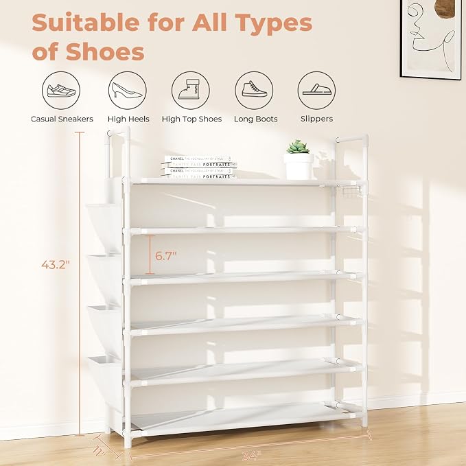 LANTEFUL 6 Tier Shoe Rack Storage for 24-30 Pairs Shoe and Boot, Shoe Organizer with Hook and Side Pocket Free Standing Long Shoe Shelf Tall Shoe Rack Organizer for Closet, Entryway, Dorm, White - Image 3