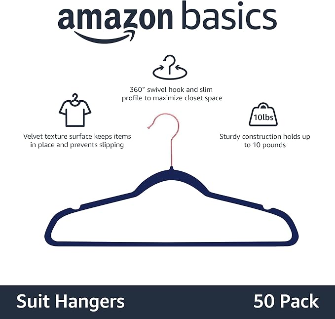 Amazon Basics Slim Velvet Non-Slip Space Saving Suit Clothes Hangers, Sturdy Construction, Navy Blue/Rose Gold, 50-Pack - Image 2