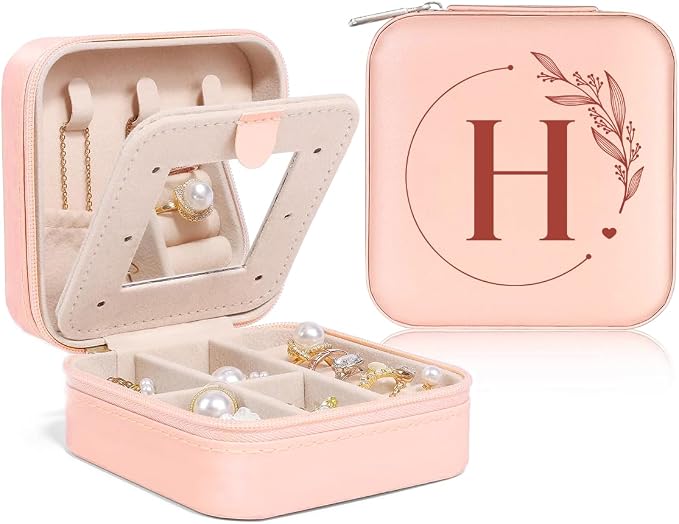 SANDJEST Personalized Jewelry Box, Pink Small Travel Jewelry Box with Initial H, Monogrammed Jewelry Case Organizer for Girls Women Teen, Mini Travel Essentials Gifts for Christmas Birthday by SANDJEST