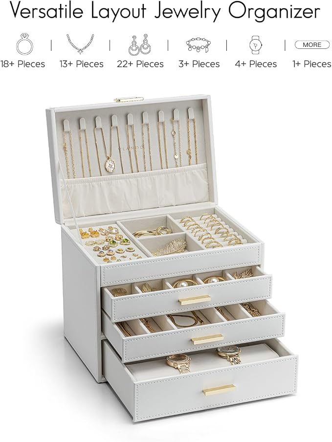 VLANDO 4 Layer Large Jewelry Box - Jewelry Holder Organizer, Jewelry Box Organizer for Drawer Necklace Ring Bracelet and Watch, Birthday Gift for Loved Ones - White - Image 6