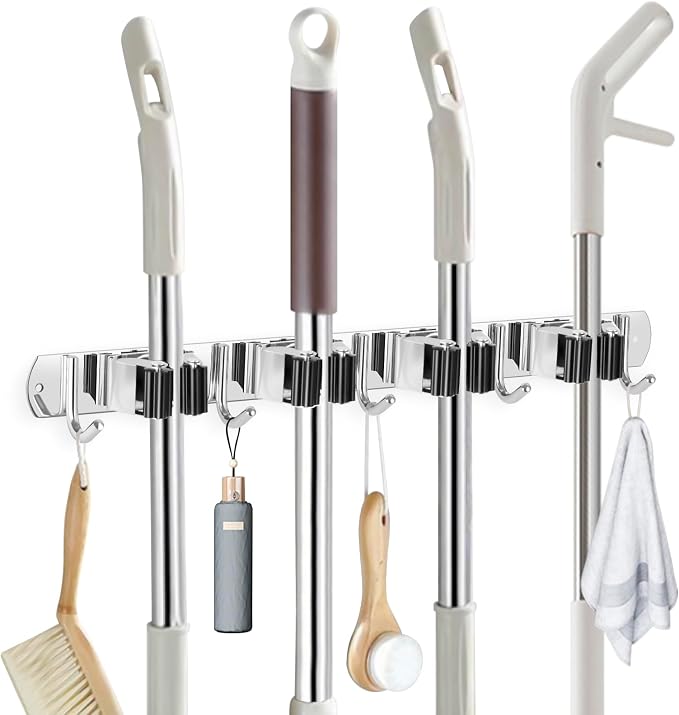 IMILLET Broom Holder Wall Mounted, Stainless Steel Broom Mop Holder Self Adhesive Heavy Duty Hooks Storage Organizer for Home Laundry Room Garden Garage Closet Kitchen 1 Pack（4 Racks with 5 Hooks） by IMILLET