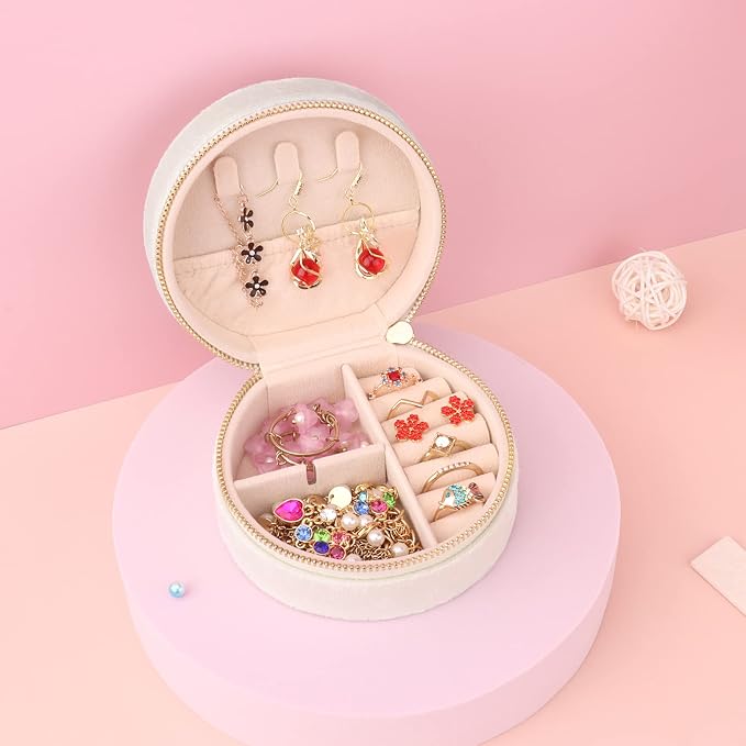 DesignSter Travel Jewelry Box - Velvet Mini Jewelry Organizer, Small Jewelry Case for Girls Women, Jewelry Storage Box for Rings Earrings Necklace (Circular, Lotus Pink) - Image 6