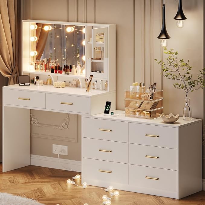 UGTOO Makeup Vanity Desk with Mirror and Lights, 59" Makeup Desk with Drawers & Cabinet & Dresser, Large Vanity Table with 8 Drawers, Vanity Desk with Large Mirror and 3-Color Lights for Girls