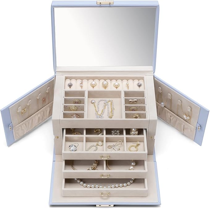 Vlando Lockable Jewelry Box Organizer with Key, 3-Tiered Storage Tray for Necklaces Earrings Rings Bracket Accessories Storage Display, Full HD-Mirror, Purple - Image 6