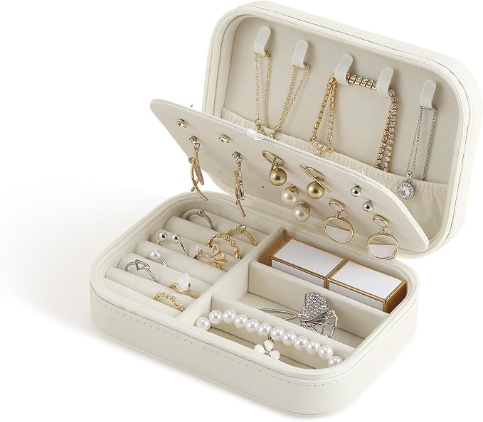 CASEGRACE Travel Jewelry Case, Double Layer Travel Jewelry Organizer for Necklace Earring Rings Jewelry Display Case for Women, White by Casegrace