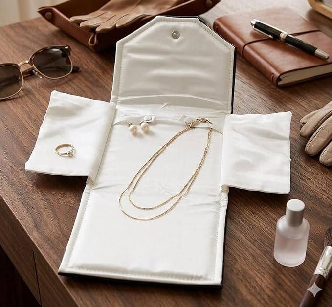 Novel Box Necklace Display Pearl Folder 7x5 inch Small Travel Jewelry Case - Wedding Jewelry Storage Holder with Smooth Finish - Jewelry Organizer Necklace Box - Black/White Stitched - Image 5