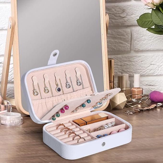 Hatori Travel Jewelry Box, PU Leather Small Jewelry Organizer for Women Girls, Portable Mini Travel Case Display Storage Holder Boxes for Stud Earrings, Rings, Necklaces, Bracelets (White Beige) - Image 2
