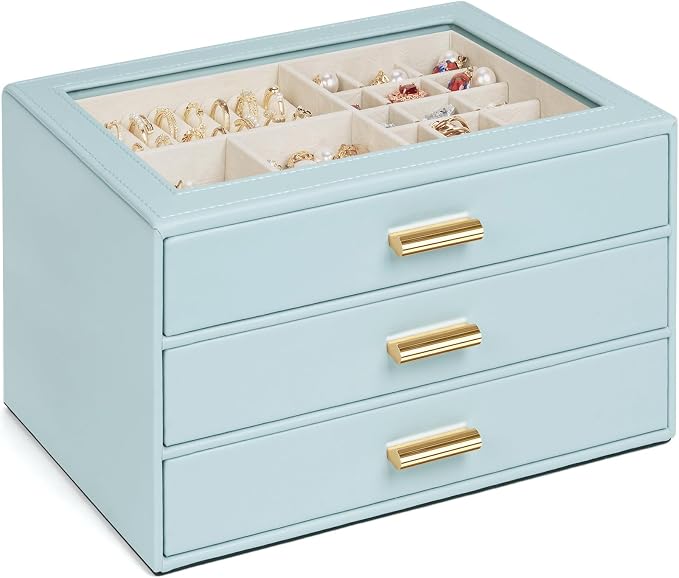 AKOZLIN Jewelry Box with Clear Lid Functional Leather Jewelry Storage Organizer Case 3 Drawers for Women Girls Necklace Ring Bracelet Earring by AKOZLIN