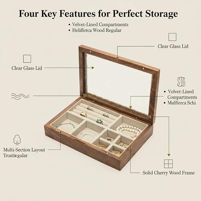 pandapark Wooden Jewelry Box with Glass Lid, Multi-Compartment Storage Display Case, Walnut Brown (Silver Walnut) - Image 2