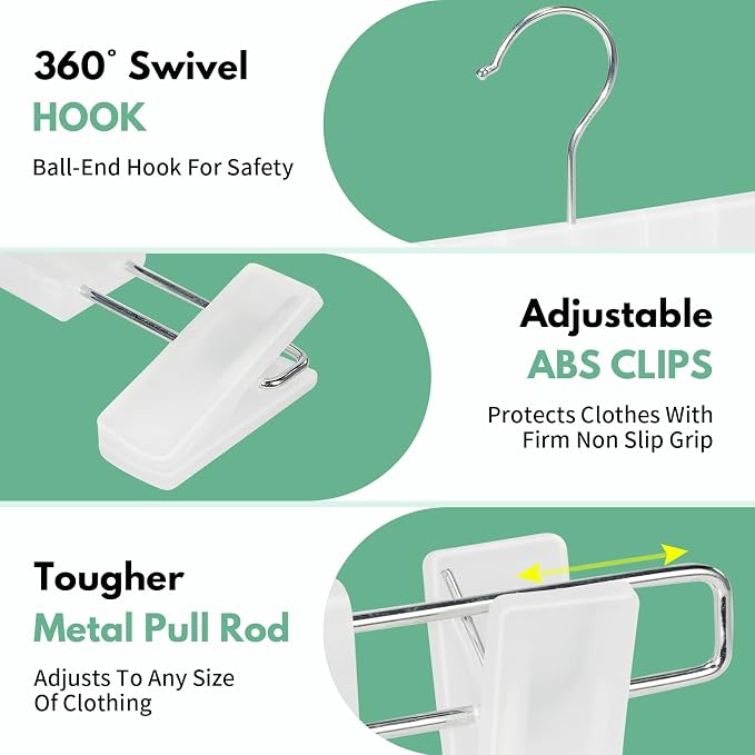 Skirt Hangers, Pants Hangers with Clips，360 ° Swivel Hooks Space Saving Hangers for Pants, Skirts, Clothes, Jeans (30 Pack, Translucent) - Image 4
