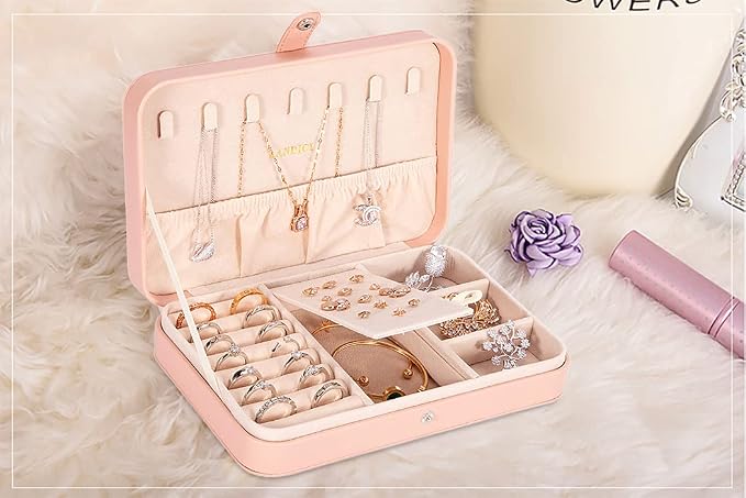 LANDICI Small Jewelry Box for Women Girls, PU Leather Travel Jewelry Case, Portable Jewelry Organizer Storage Holder Display for Ring Earrings Necklace Bracelet Bangle Men Kids Gift, Pink - Image 8