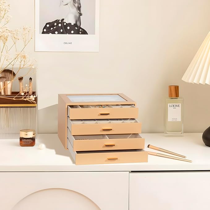 Jewelry Box with Glass Lid, 4-Layer Jewelry Organizer for Women Girls, PU Leather Display Case with 20-Grid Earring Tray & Movable Dividers for Necklaces Rings,Camel - Image 2