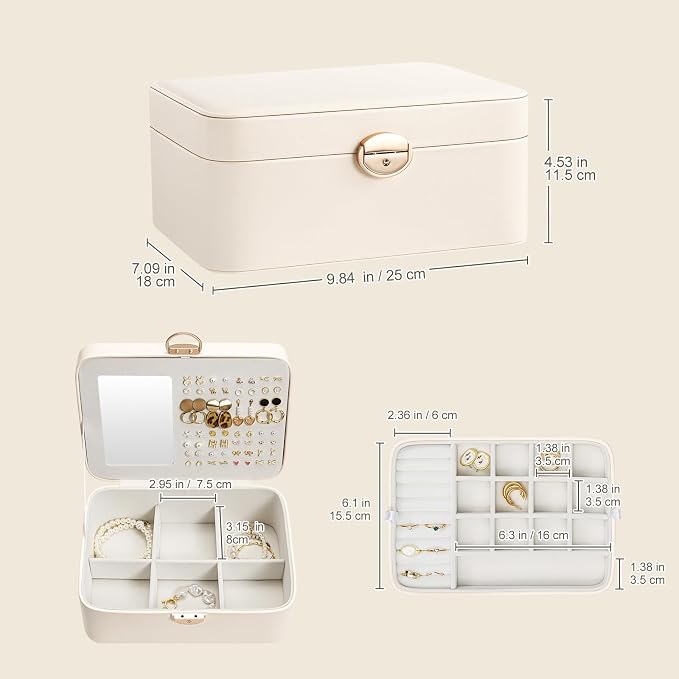 Lolalet 2 Layer Jewelry Box with Lock and Key for Teen Girls & Young Women, Jewelry Organizer Case with Round Clasp and Mirror for Earrings Rings Necklaces Storage, Gift Idea -Cloud White - Image 3