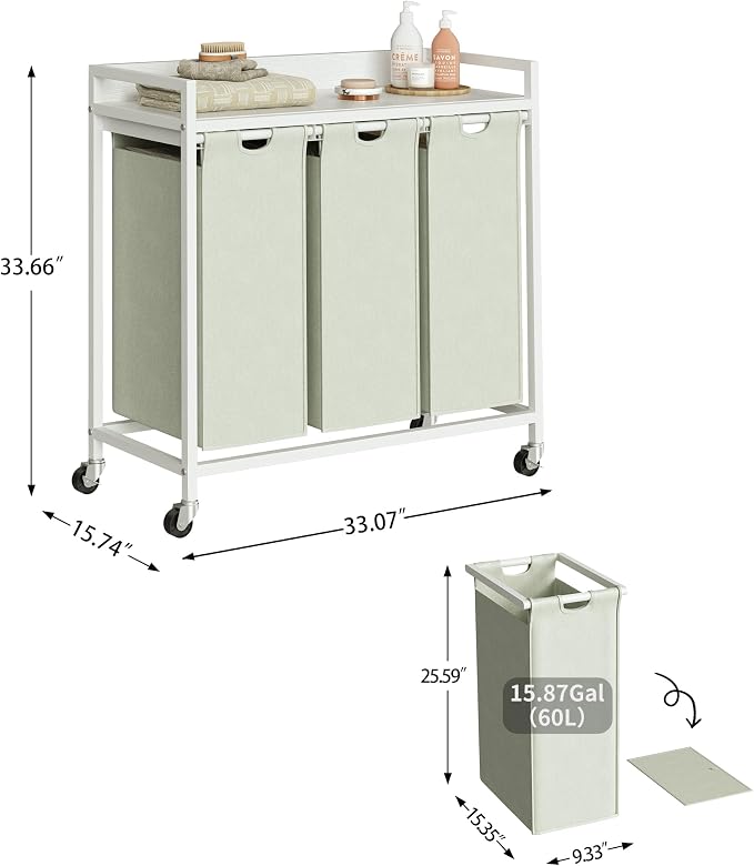 Herture Laundry Hamper with Shelf, Laundry Basket 3 Section, Laundry Sorter with Pull-Out Removable Large Bags and Movable Wheels, Metal Frame, 3 x 15.87 Gallons (60L), White PF04XLW - Image 4