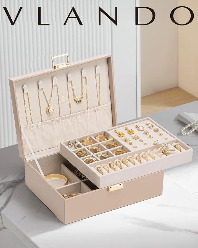 VLANDO Jewelry Box for Women, Gift for Women Girls,2 Layer Jewelry Box,Large Jewelry Organizer for Women Removable Jewelery Tray for Necklace Earrings Rings (Toffee) - Image 2