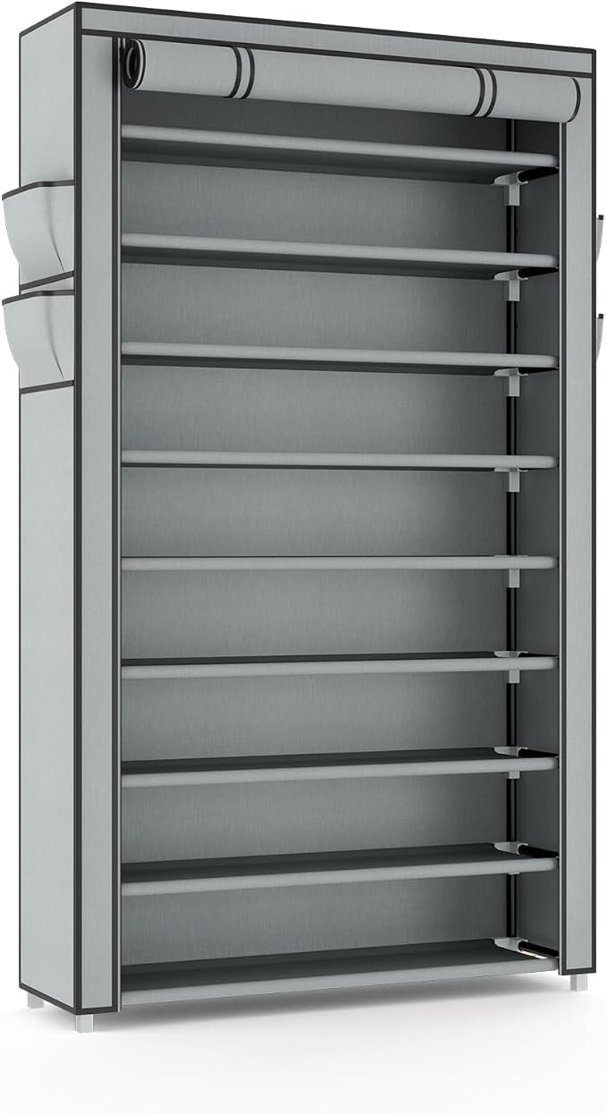 VILICK Shoe Rack with Cover Narrow Shoe Organizer with Pockets 10 Tier Tall Shoe Storage Holds 36-41 Pairs Shoes and Boots Shoe Rack for Closet Entryway Garage, Grey - Image 8