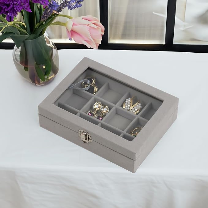 Fordonral Velvet Jewelry Organizer Box, Jewelry Drawer Organizers Trays, Earring Ring Necklace Holder Display Case (Gray, 12 Grid Box) - Image 5