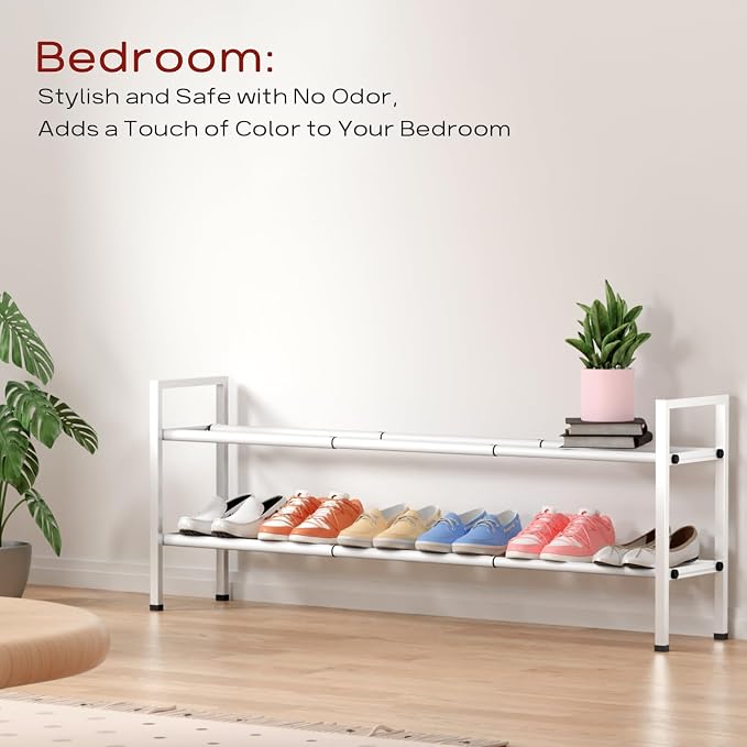 Bumusty 2-Tier Long Expandable Shoe Rack for Closet, 18"-44" Adjustable Shoe Rack for Entryway, 10-12 Pairs Large Shoe Organizer Shelf Storage, Sturdy Metal, White - Image 4