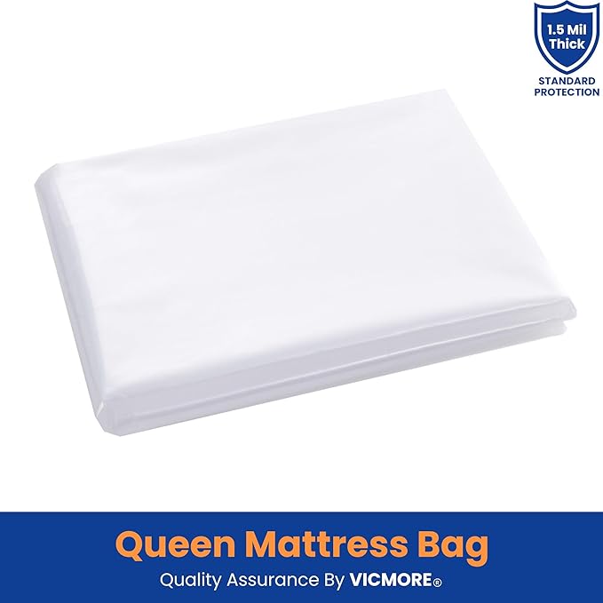 VICMORE Queen Mattress Bag for Moving, Storage & Disposal, 1.5 Mil Heavy-Duty Plastic Mattress Cover, Tear-Resistant, Dustproof, Reusable (Fits Queen Size Beds)