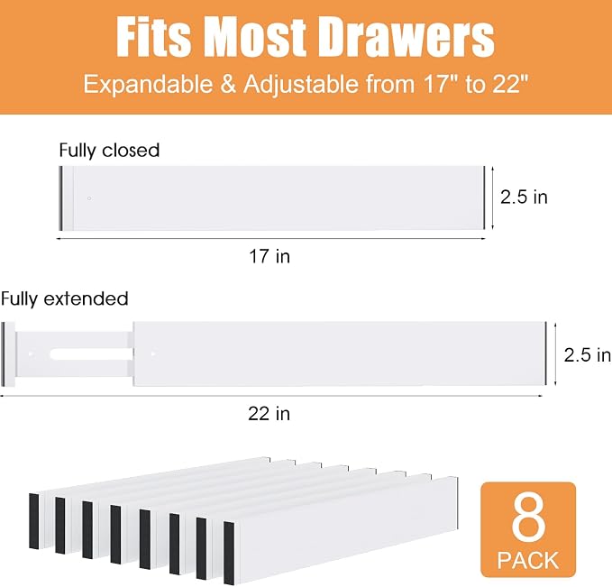 Bamboo Drawer Dividers,17-22" Adjustable Kitchen Drawer Organizer for Clothes,8 Pack Expandable Drawer Organization Separators for Bedroom,Bathroom,Dresser and Office,White - Image 3