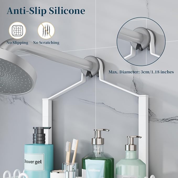 Consumest Shower Caddy Hanging – Rustproof Over Shower Head Hanger with Soap Holder and Hooks, Anti-Slip Shower Shelves for Storage, Bathroom Organizer for Apartment, Dorm, White - Image 4
