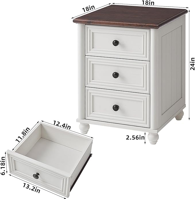 RWYHG 18" Farmhouse Night Stand Set of 2, White Wood Nightstand with 3 Drawers, Bedside End Table with Storage and Roman Column, Bed Side Tables Cabinet for Bedroom, Living Room, and Closet
