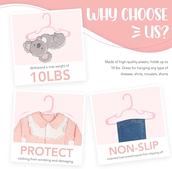 HOUSE DAY Plastic Baby Hangers for Closet 20 Pack, Durable Plastic Kids Hangers for Baby Clothes, Thin & Compact Childrens Hangers, Space Saving Pink Baby Hanger, Small Hanger for Kids Clothes - Image 3