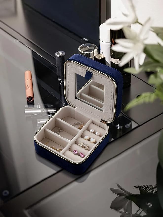 S.Leaf Travel Jewelry Organizer Boxes for Women Small Portable Necklace Earrings Bracelet Rings Travel Case Best Friend Birthday Gifts for Women Trendy (06_Suede_Touch_Navy) - Image 6