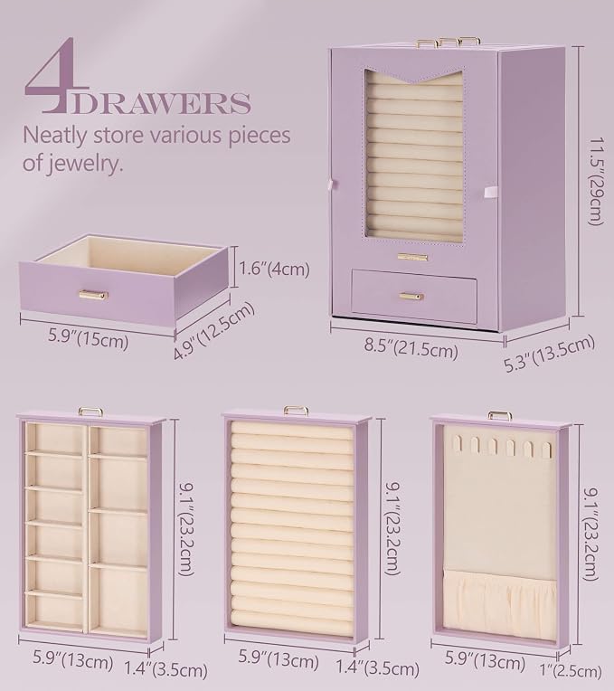 Homde Jewelry Organizer with Transparent Window Necklace Hooks Gift for Women Jewelry Box Display Case for Necklaces Rings Earrings Bracelets and Other Accessories (Grey Purple) - Image 6