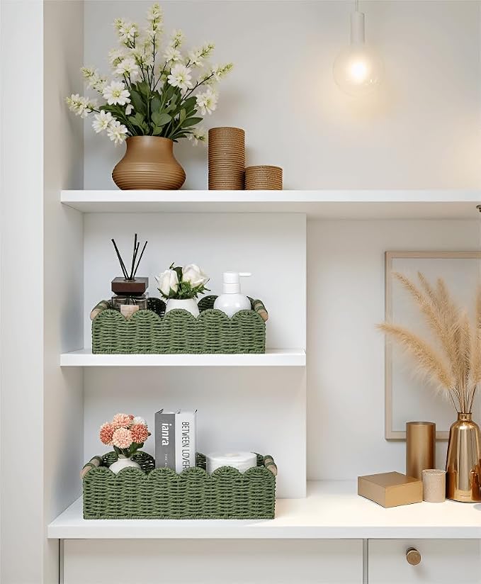CubesLand Toilet Paper Storage Basket, Scalloped Edge Shelves Basket for Organizing for Over Toilet Tank Storage, Home Decor Baskets for Shelf, Countertop, Living Room, Bedroom, Handwoven, Green - Image 3