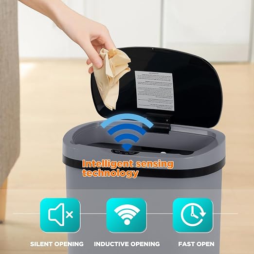 BestOffice | 13 Gallon Plastic Trash Can with Lid | Gray | Automatic Touchless Garbage Can | Odor Control | Modern Oval Design | Easy to Clean | Fits Any Kitchen, Bathroom, Office or Home - Image 2