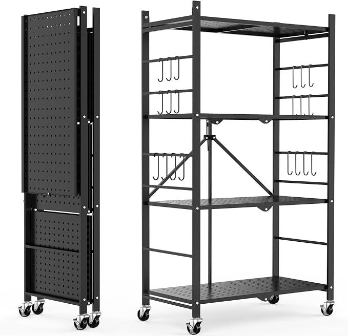 Himix Storage Shelves with 20 Hooks, 4-Tier Foldable Shelves for Storage, Folding Shelf Unit Pantry Shelves with Wheels, Metal Shelving Storage Rack Shelf for Kitchen Garage Home, Black - No Assembly by Himix